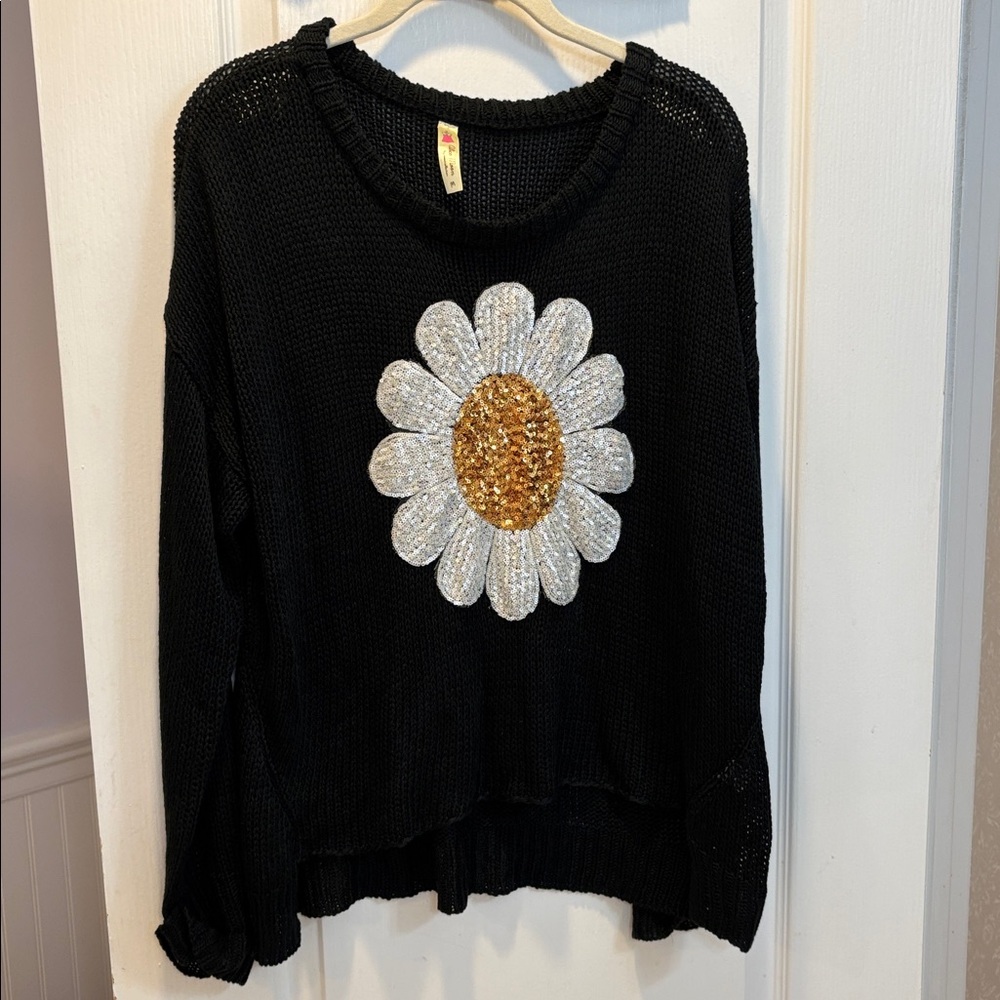 Alice Moon Black Sweater with Sequins  Gold and White Daisy